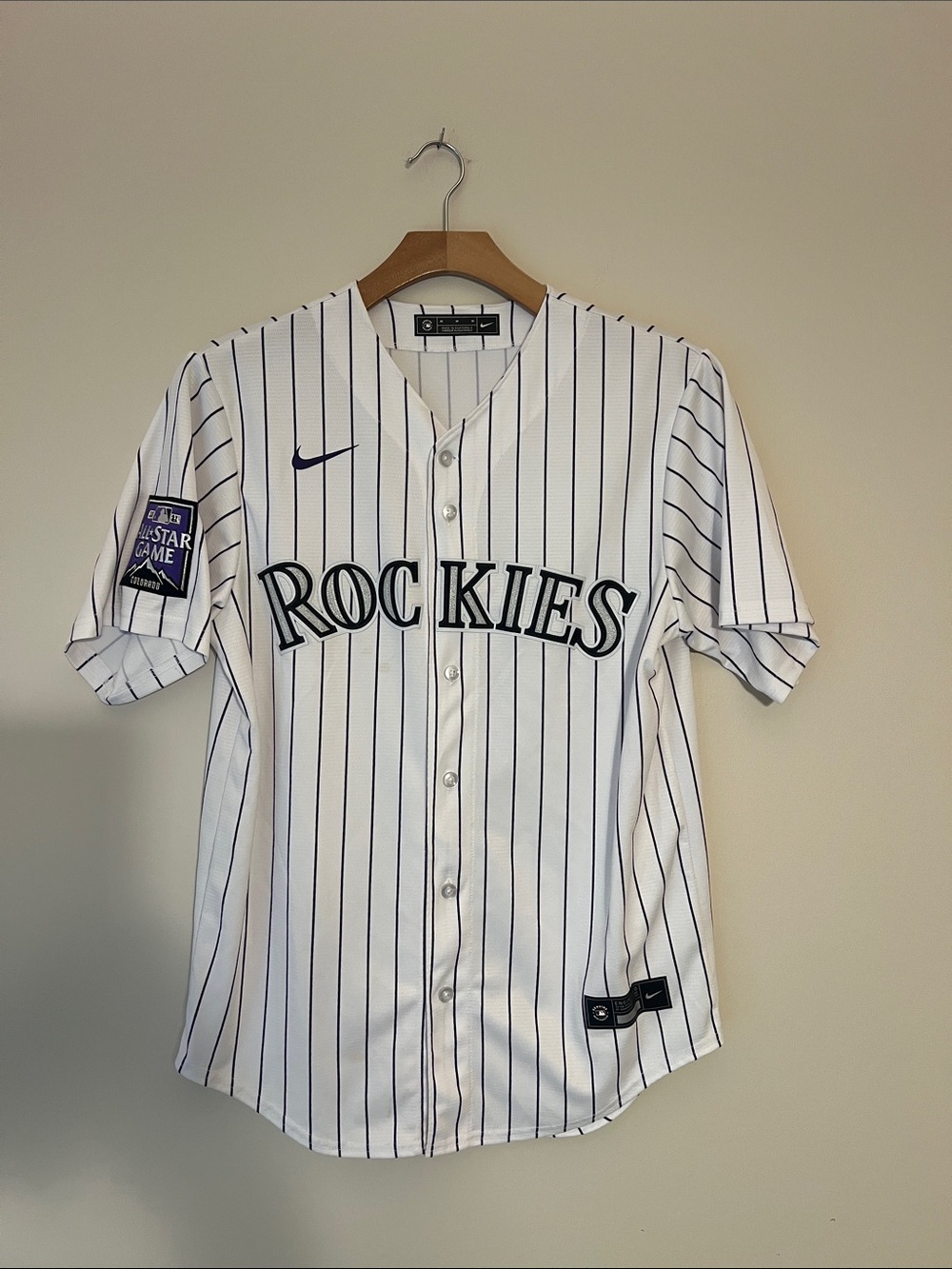 Nike White and Navy Rockies Pinstripe Baseball Jersey